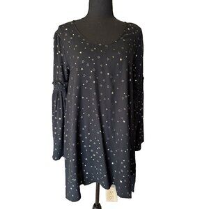 NEW Knot Sisters Black Gold Stars Long Sleeve Shift Dress S Small